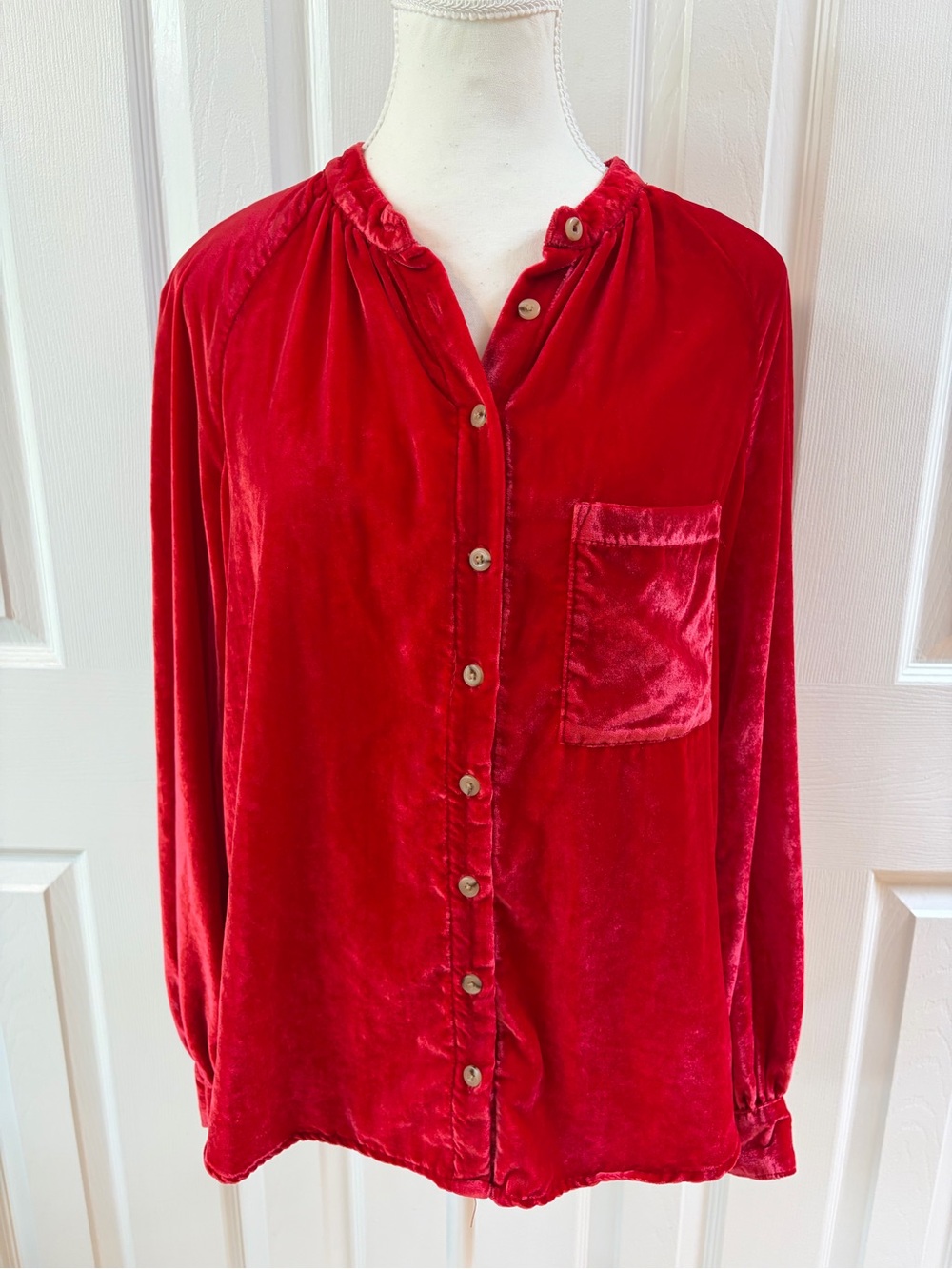 Anthropologie Pilco Bright Red Velvet Femme Buttond Down Shirt Size S